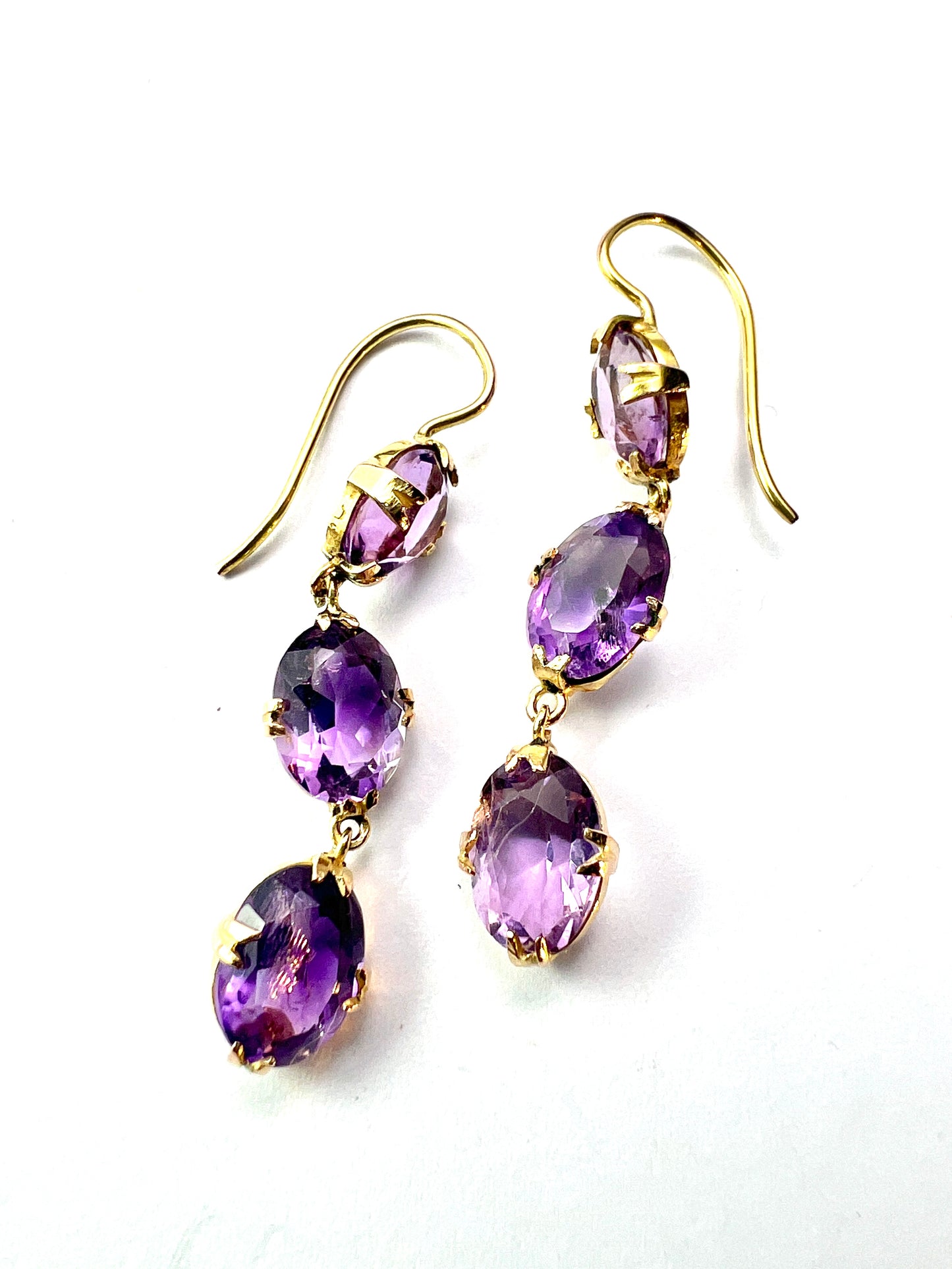 Antique Triple Amethyst Drop Earrings in 9CT Gold