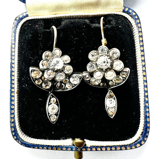 Georgian Gold and Silver Black Dot Paste Flower Earrings