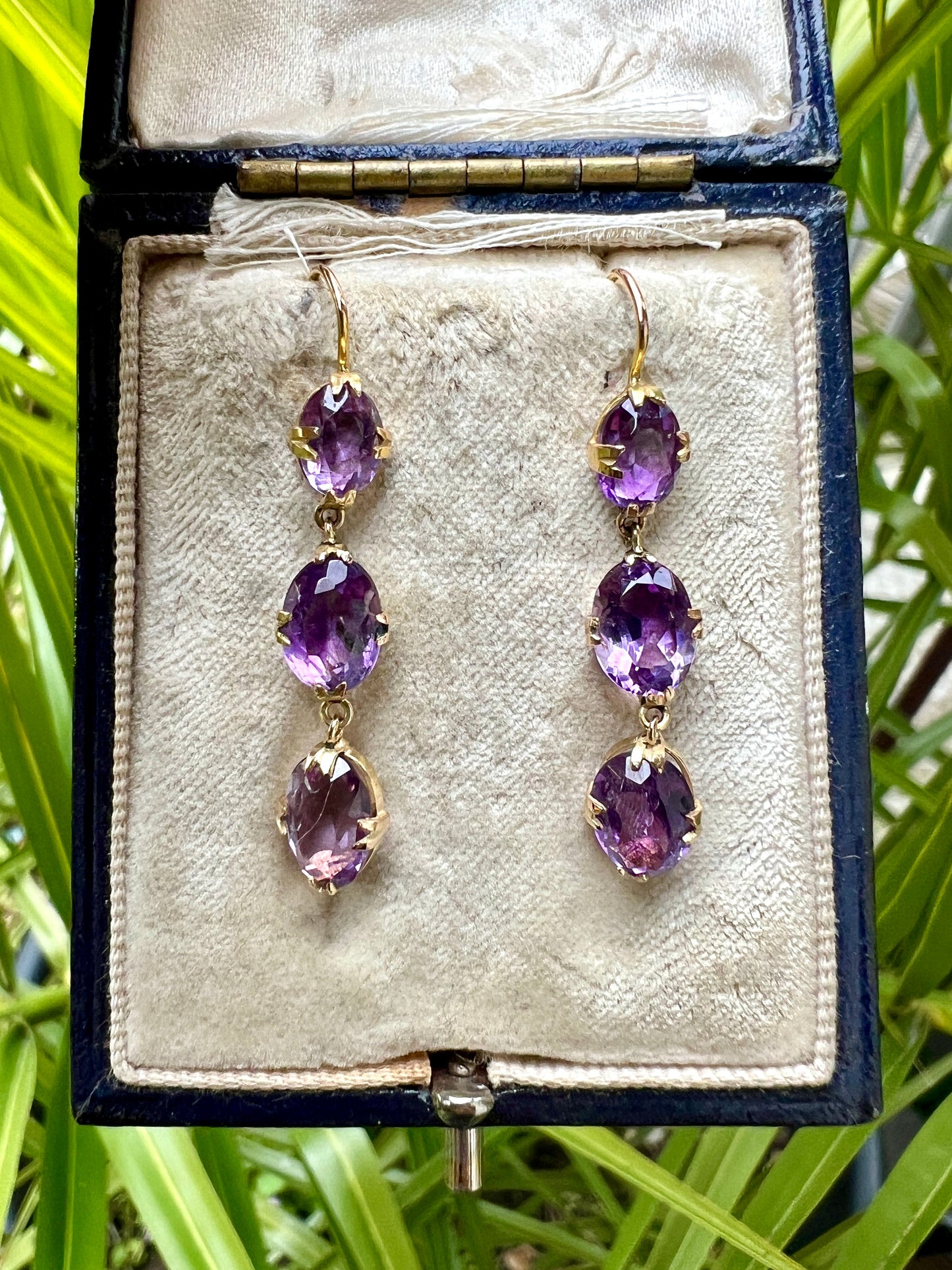Antique Triple Amethyst Drop Earrings in 9CT Gold
