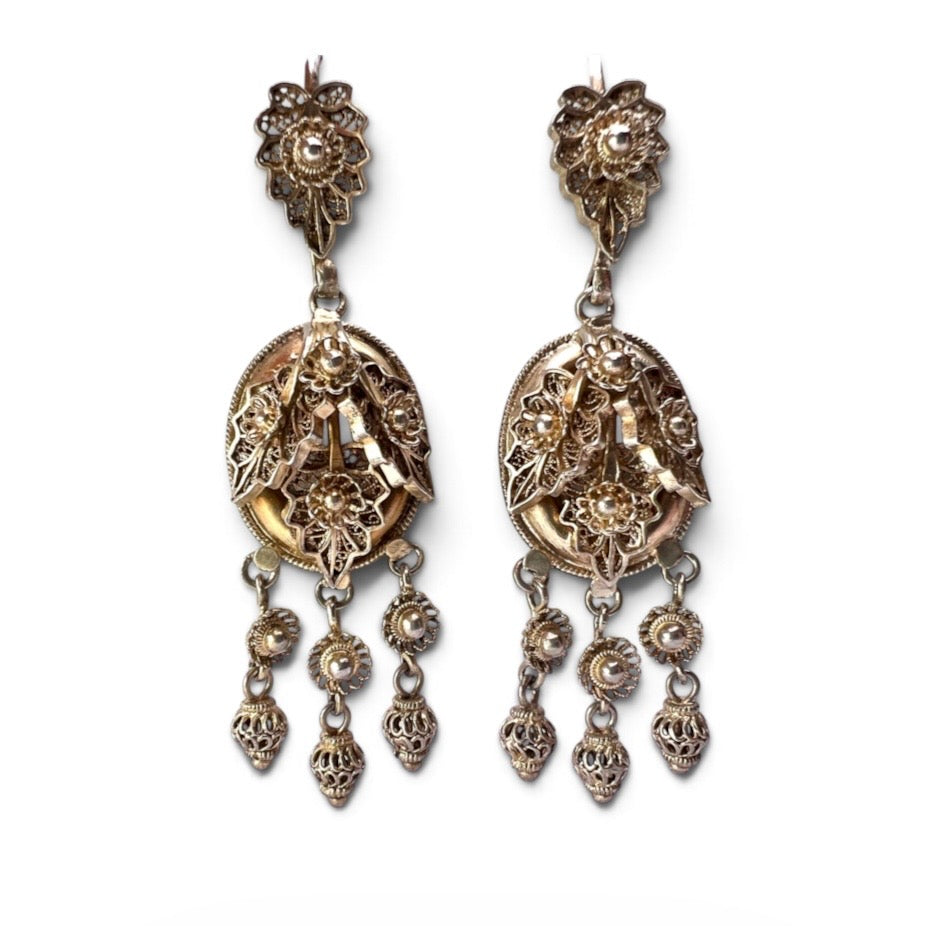 Victorian Gilded Silver Filigree Girandole Chandelier Earrings