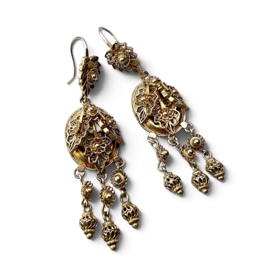 Victorian Gilded Silver Filigree Girandole Chandelier Earrings