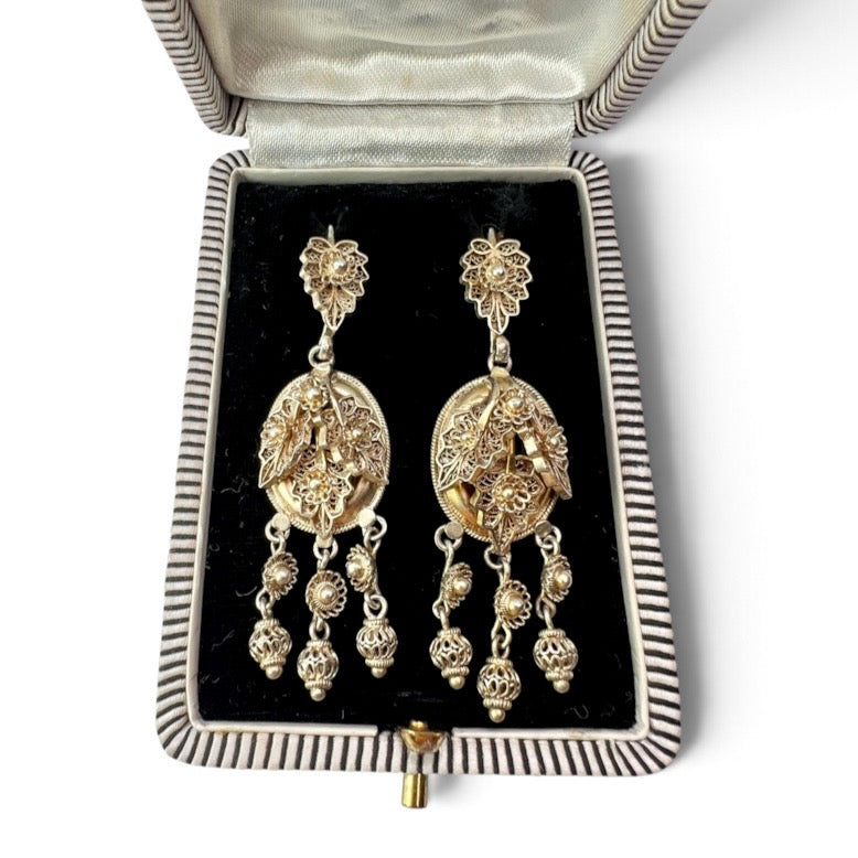 Victorian Gilded Silver Filigree Girandole Chandelier Earrings