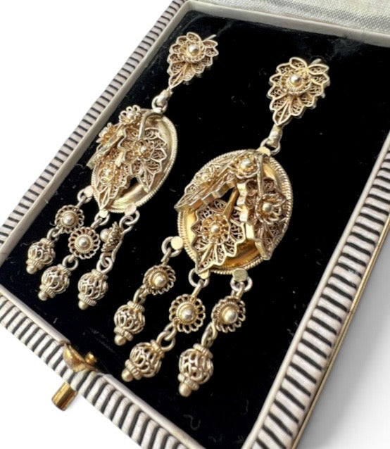 Victorian Gilded Silver Filigree Girandole Chandelier Earrings