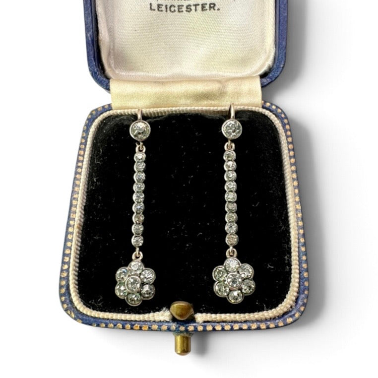 Antique 9CT Gold Silver Paste Flower Drop Earrings