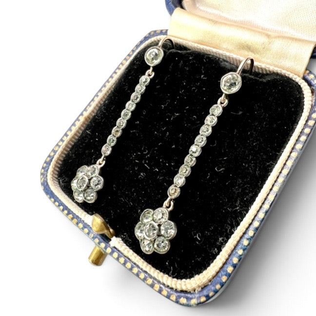 Antique 9CT Gold Silver Paste Flower Drop Earrings