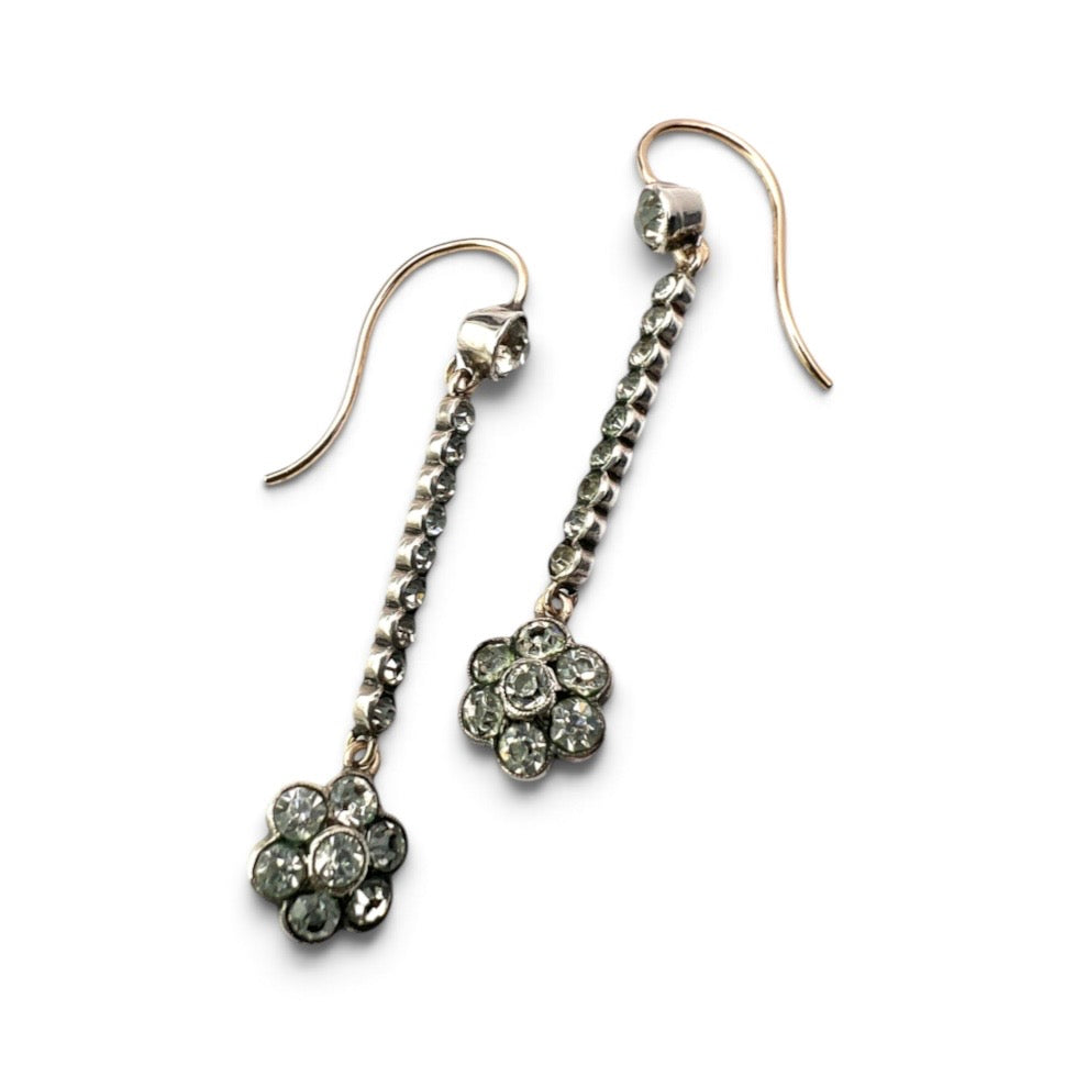 Antique 9CT Gold Silver Paste Flower Drop Earrings