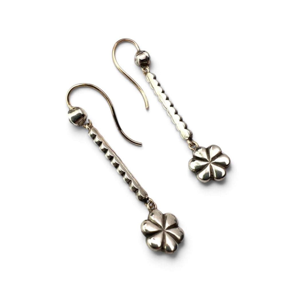 Antique 9CT Gold Silver Paste Flower Drop Earrings