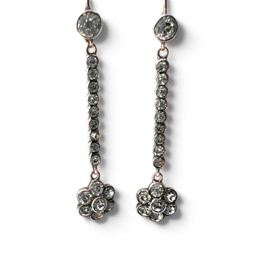 Antique 9CT Gold Silver Paste Flower Drop Earrings