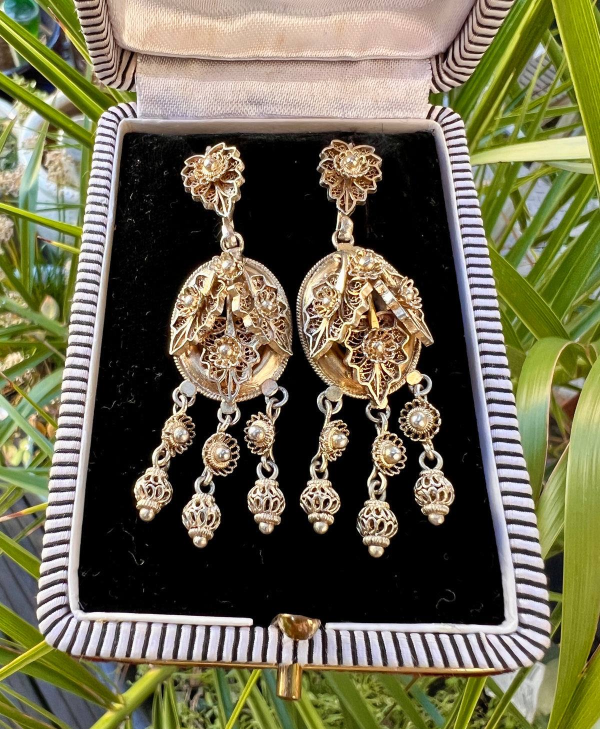 Victorian Gilded Silver Filigree Girandole Chandelier Earrings