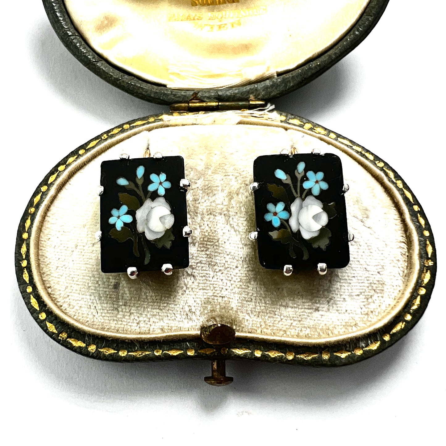 Vintage Pietra Dura Silver and Gold Earrings