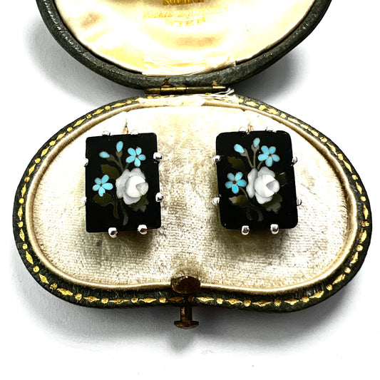 Vintage Pietra Dura Silver and Gold Earrings