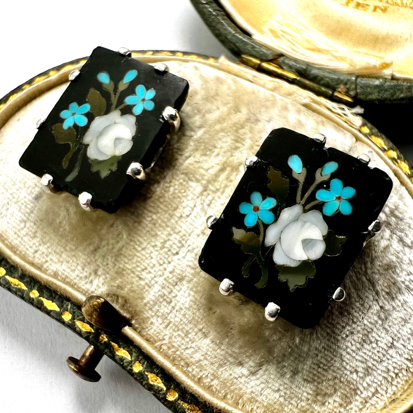 Vintage Pietra Dura Silver and Gold Earrings