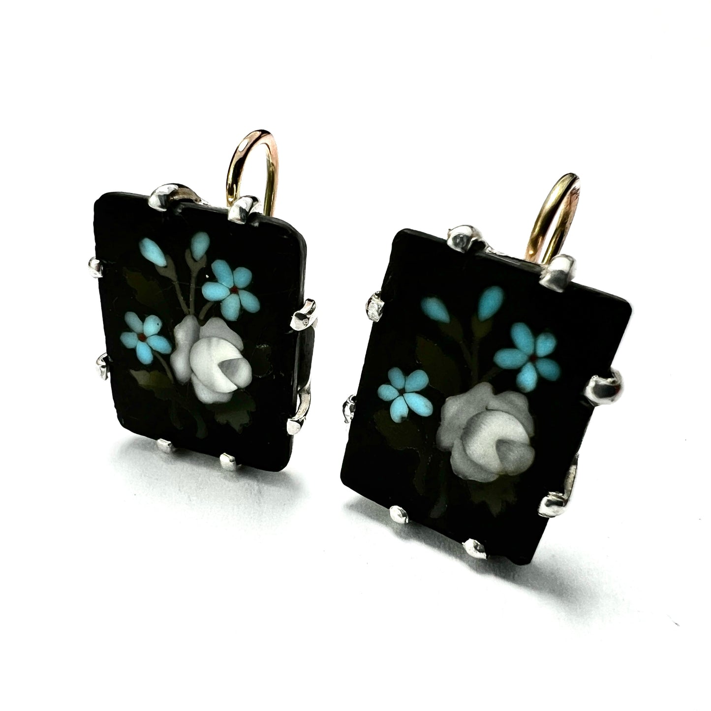 Vintage Pietra Dura Silver and Gold Earrings
