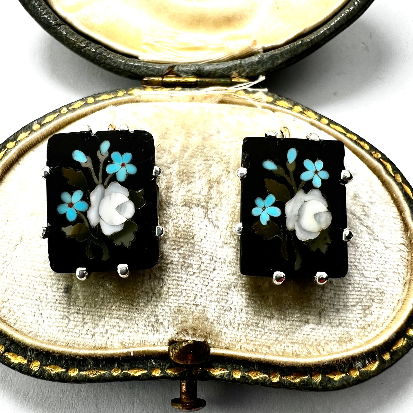 Vintage Pietra Dura Silver and Gold Earrings