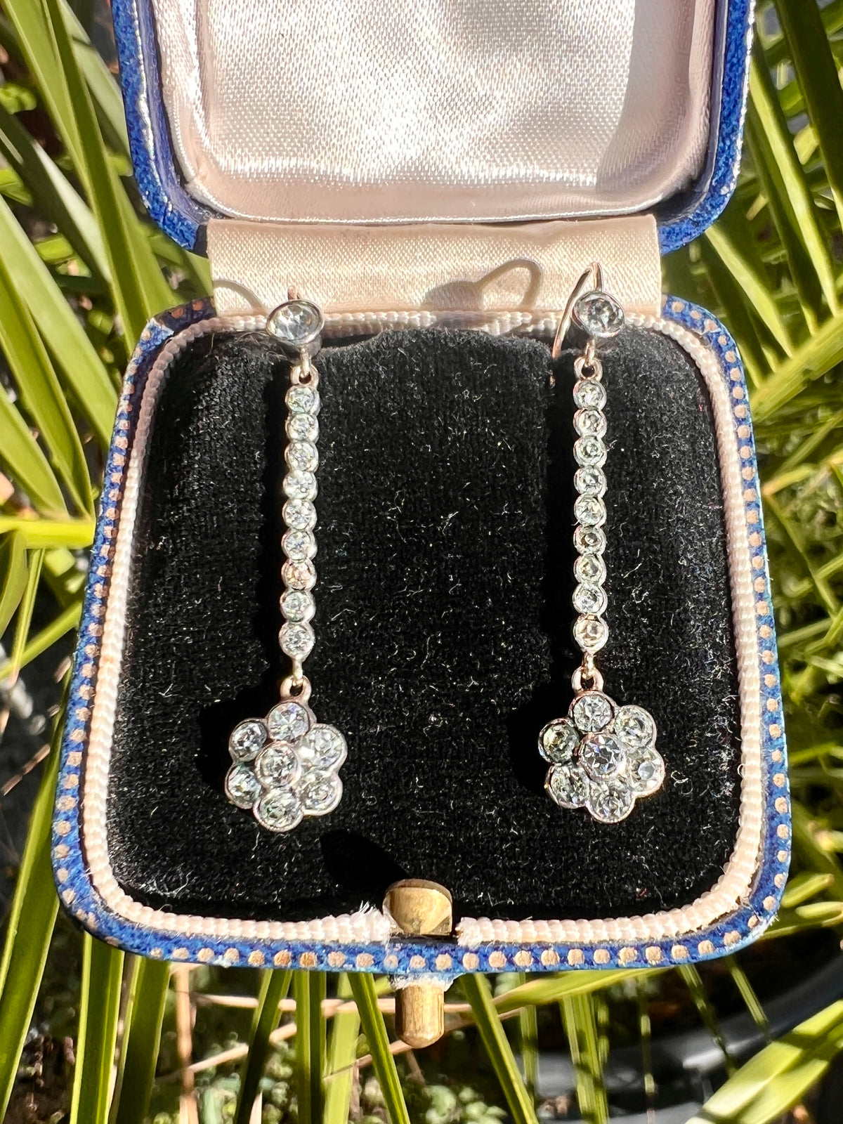 Antique 9CT Gold Silver Paste Flower Drop Earrings