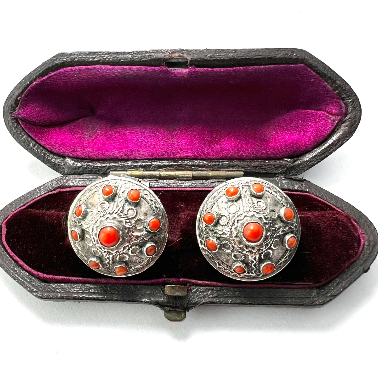 Vintage Nepali Coral and Silver Dome Clip Earrings
