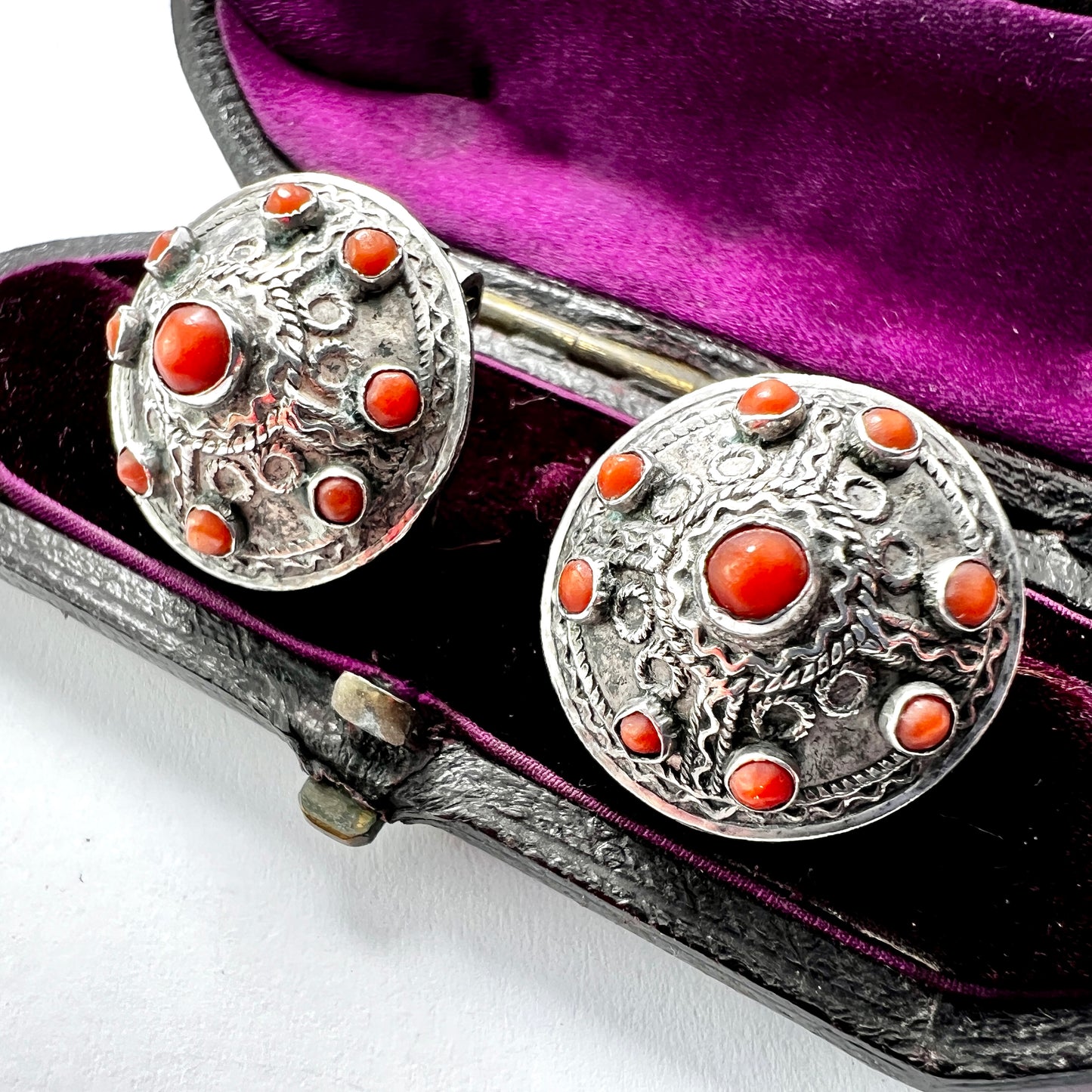 Vintage Nepali Coral and Silver Dome Clip Earrings