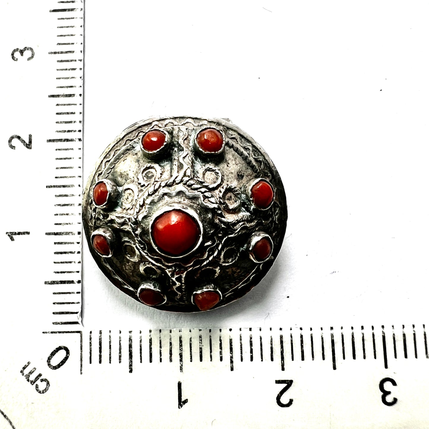 Vintage Nepali Coral and Silver Dome Clip Earrings