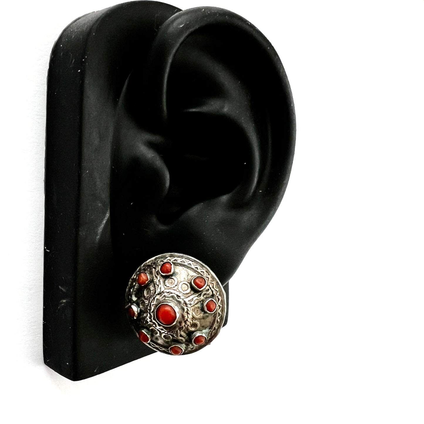 Vintage Nepali Coral and Silver Dome Clip Earrings