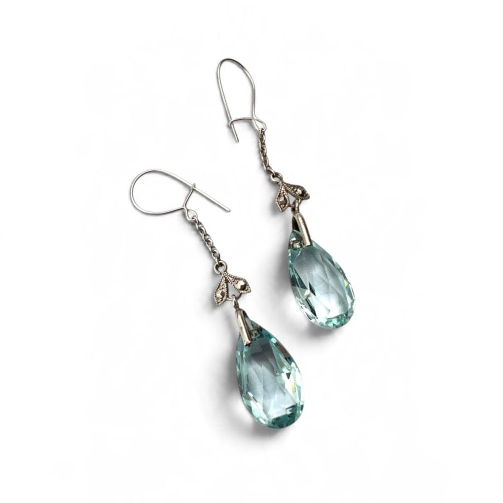 Edwardian Silver Aquamarine Paste Teardrop Earrings