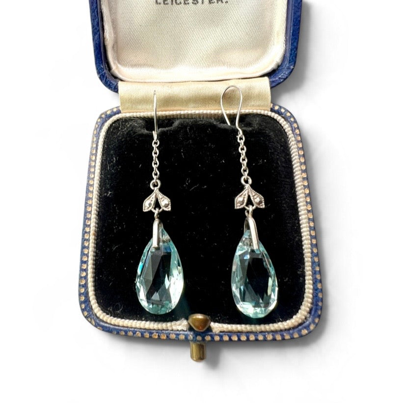 Edwardian Silver Aquamarine Paste Teardrop Earrings
