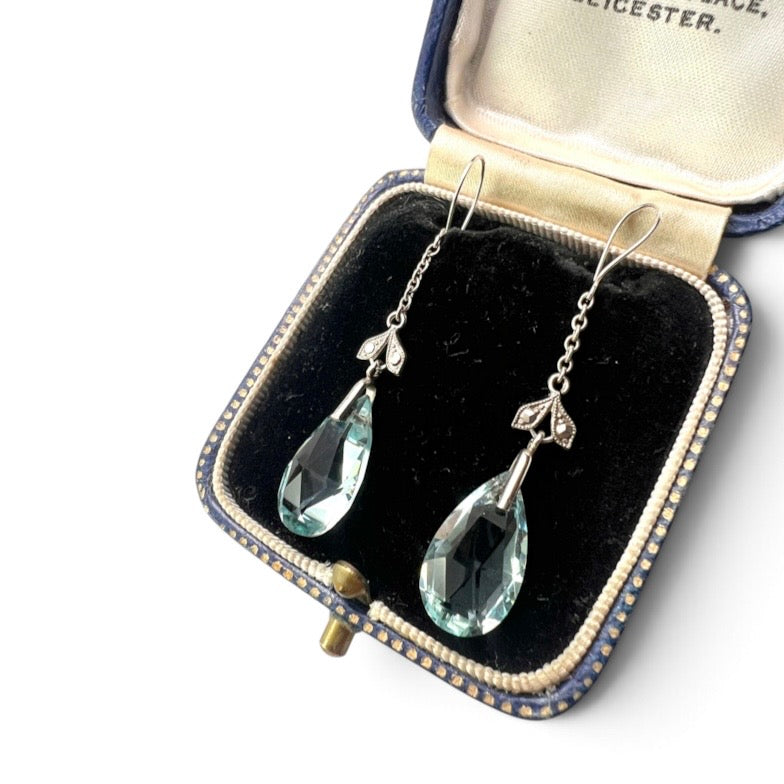 Edwardian Silver Aquamarine Paste Teardrop Earrings