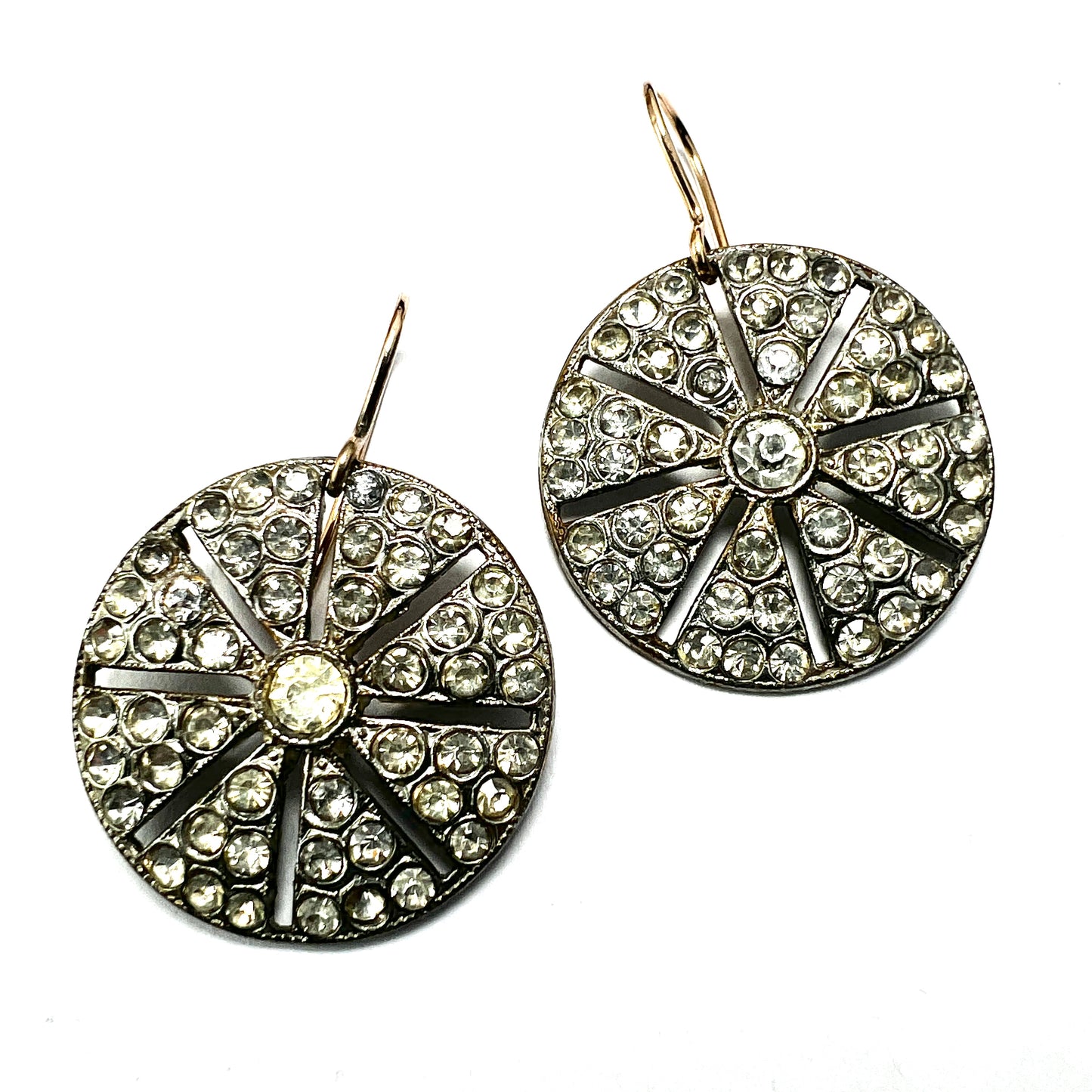 Vintage Art Deco 9CT Gold and Silver Paste Wheel Earrings