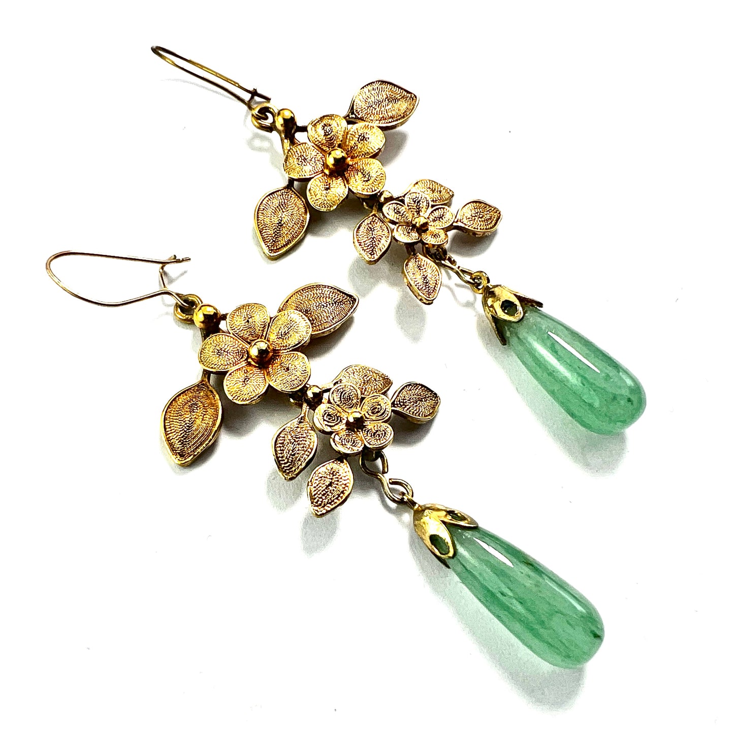 Antique Aventurine Gilt Filigree Chandelier Earrings