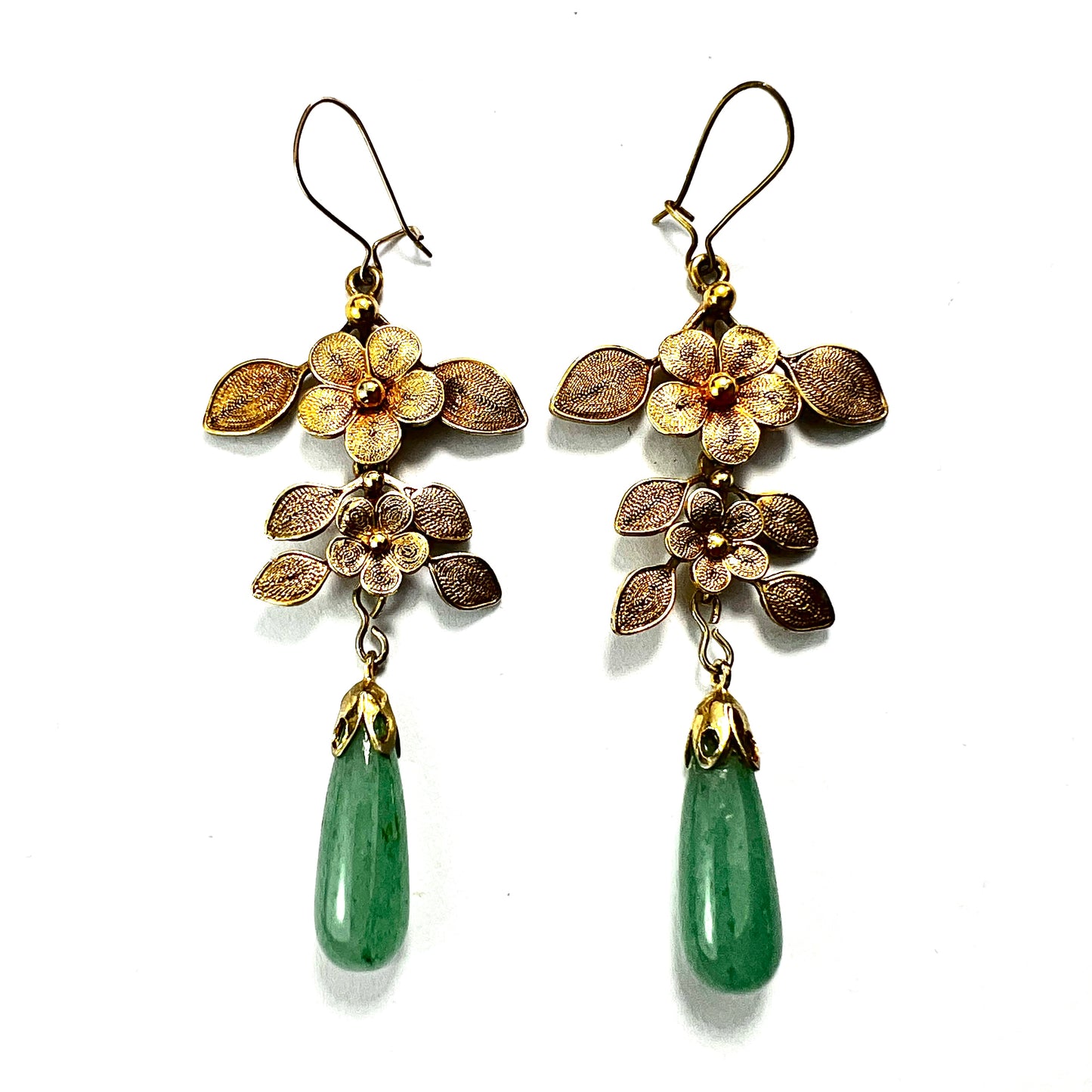 Antique Aventurine Gilt Filigree Chandelier Earrings