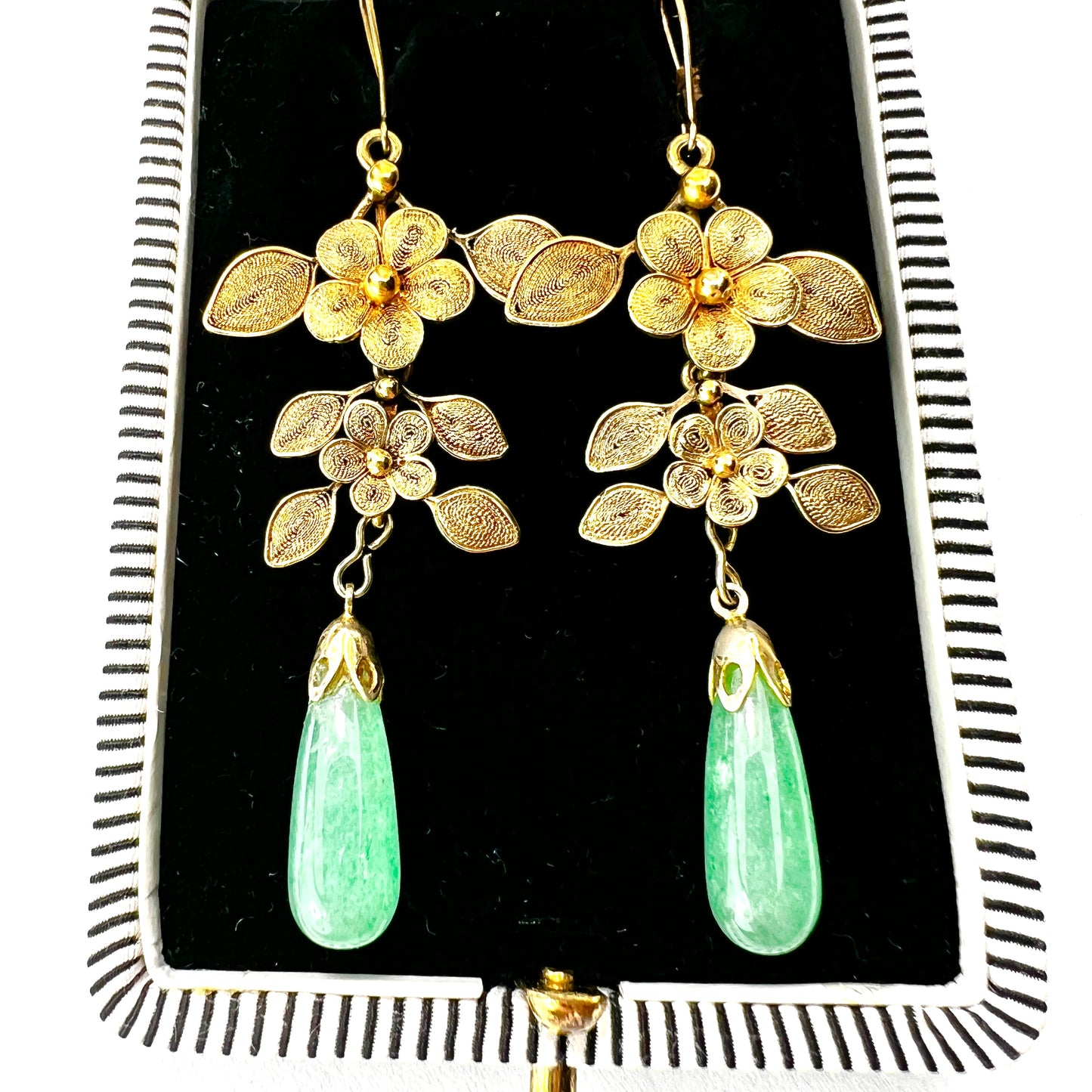Antique Aventurine Gilt Filigree Chandelier Earrings