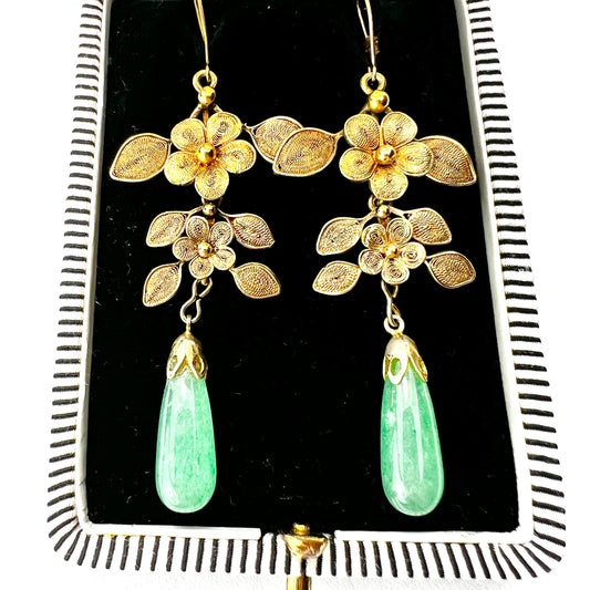 Antique Aventurine Gilt Filigree Chandelier Earrings