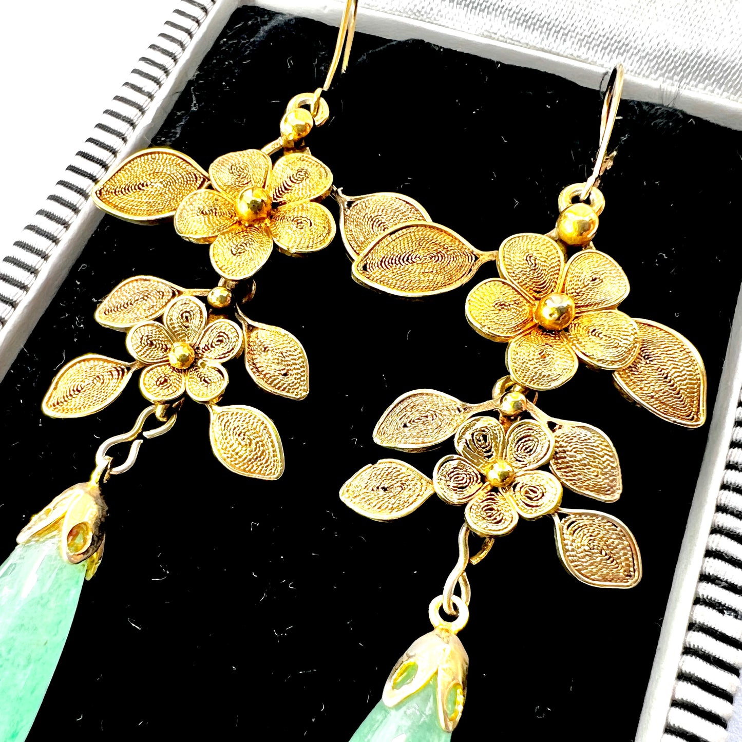 Antique Aventurine Gilt Filigree Chandelier Earrings