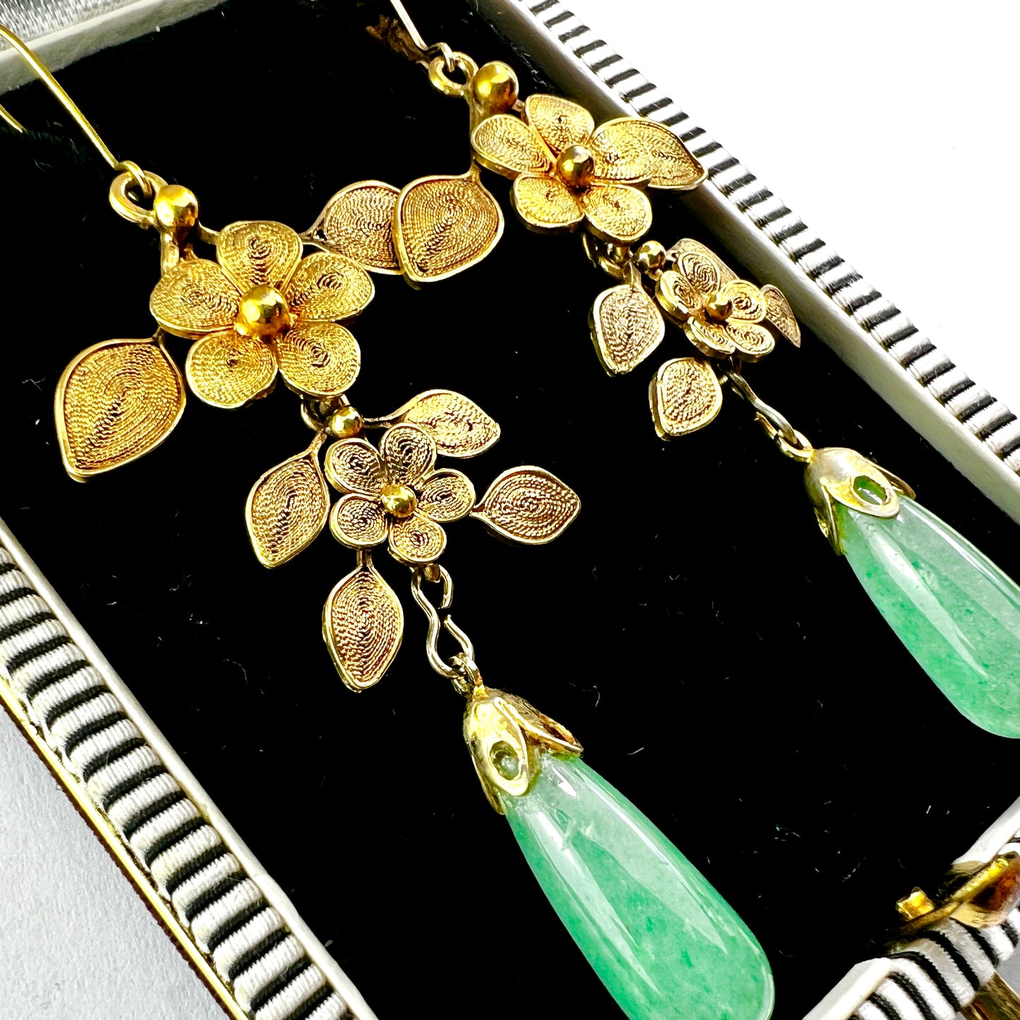 Antique Aventurine Gilt Filigree Chandelier Earrings