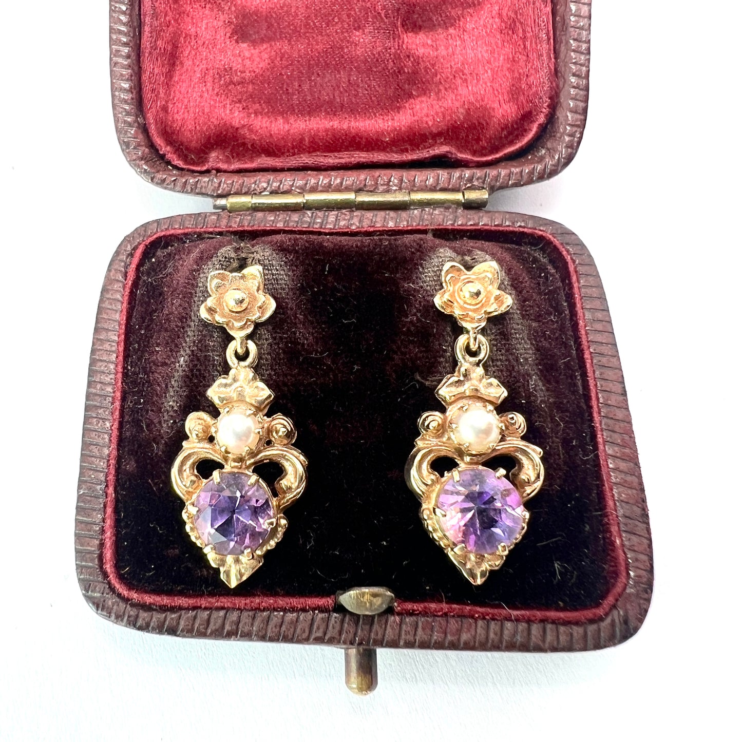 Vintage Amethyst and Pearl 9CT Gold Flower Earrings