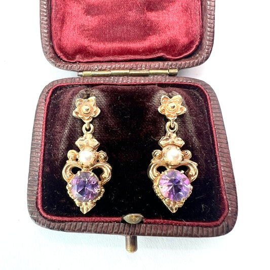 Vintage Amethyst and Pearl 9CT Gold Flower Earrings