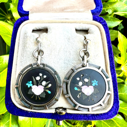 Victorian Floral Pietra Dura Silver Wheel Earrings