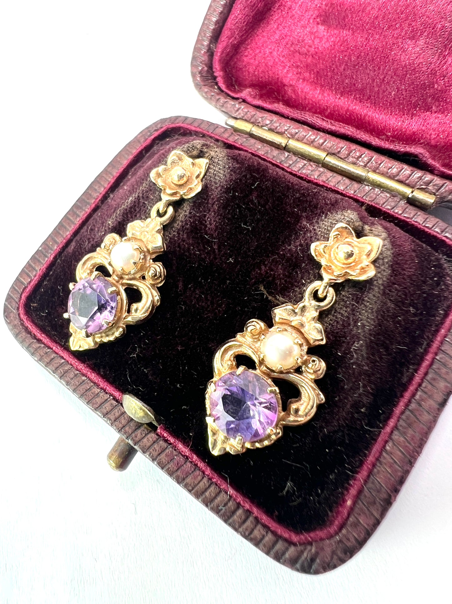 Vintage Amethyst and Pearl 9CT Gold Flower Earrings