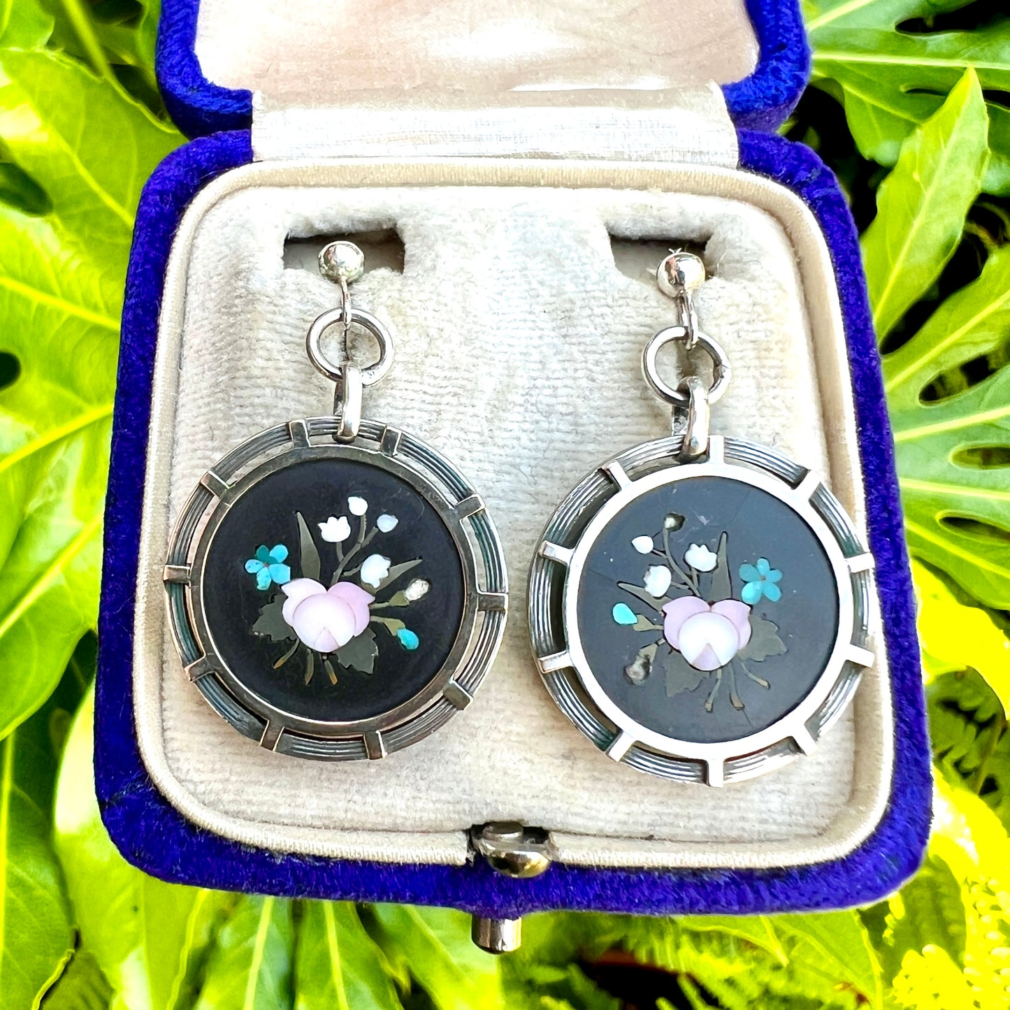 Victorian Floral Pietra Dura Silver Wheel Earrings