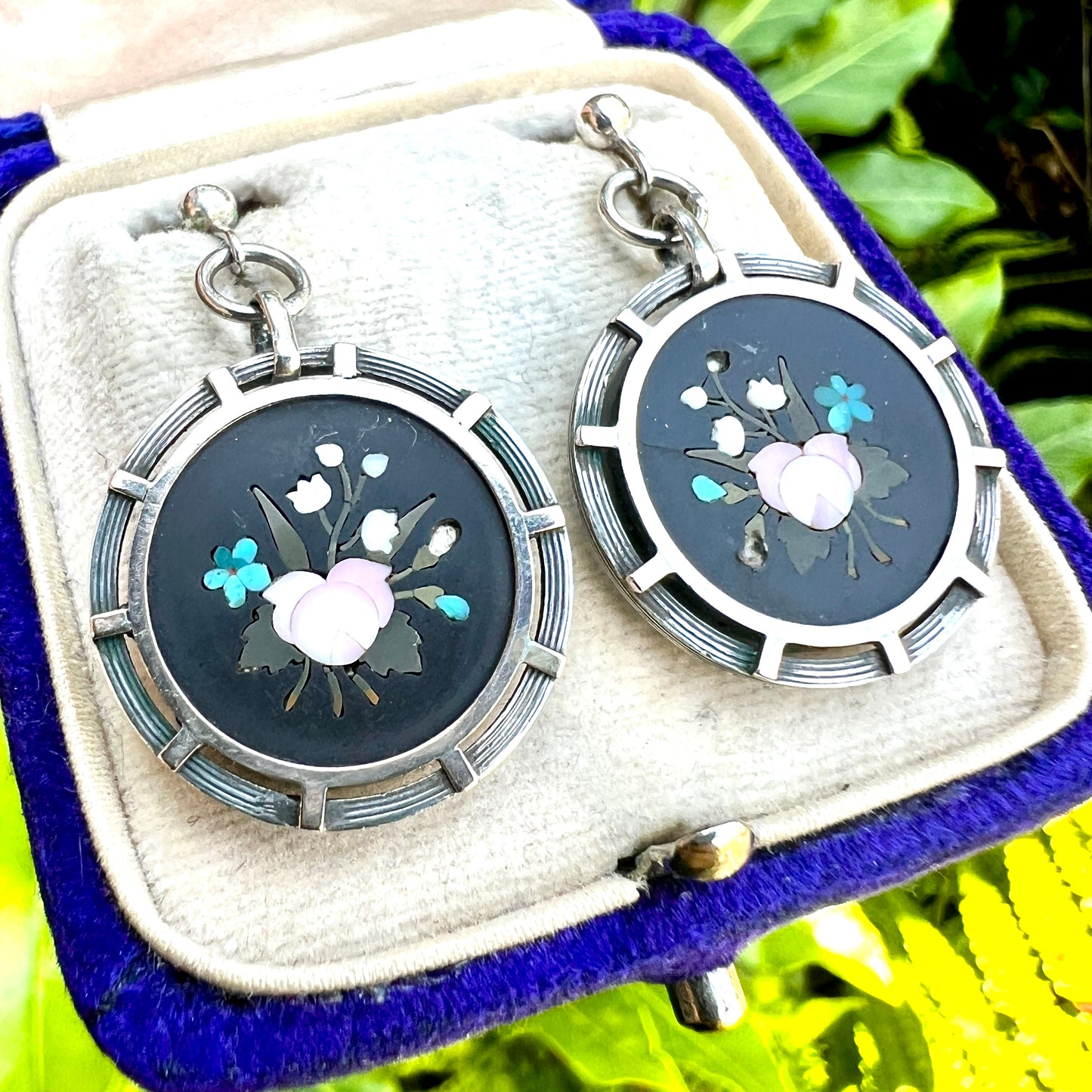 Victorian Floral Pietra Dura Silver Wheel Earrings