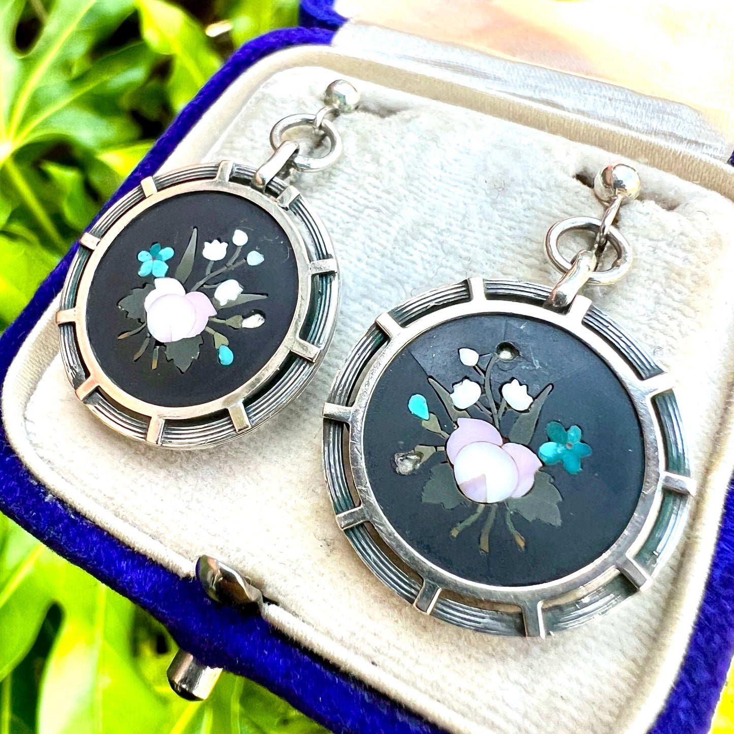 Victorian Floral Pietra Dura Silver Wheel Earrings