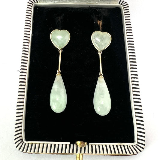 Vintage 9CT Gold Jade Heart Teardrop Earrings