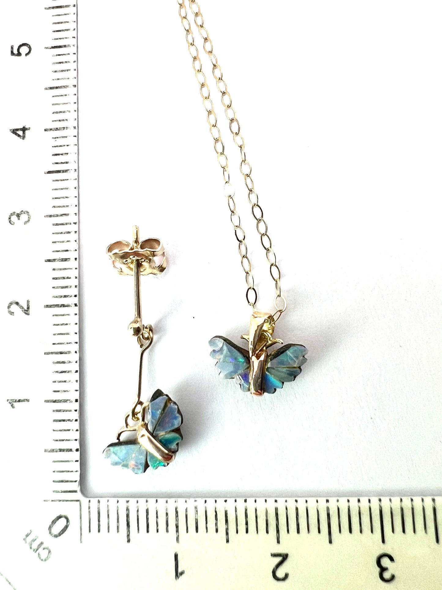 Tiny Vintage 9CT Gold Opal Dangling Butterfly Earrings and Necklace