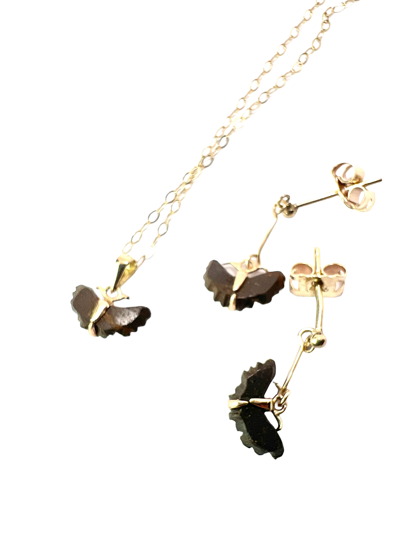 Tiny Vintage 9CT Gold Opal Dangling Butterfly Earrings and Necklace