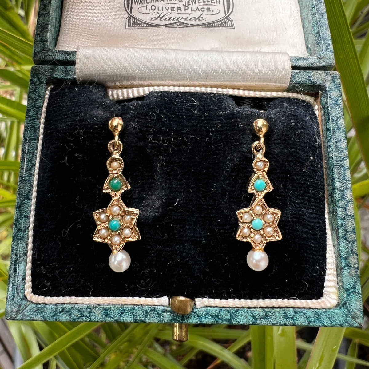 Edwardian Style Gold Turquoise and Pearl Star Earrings
