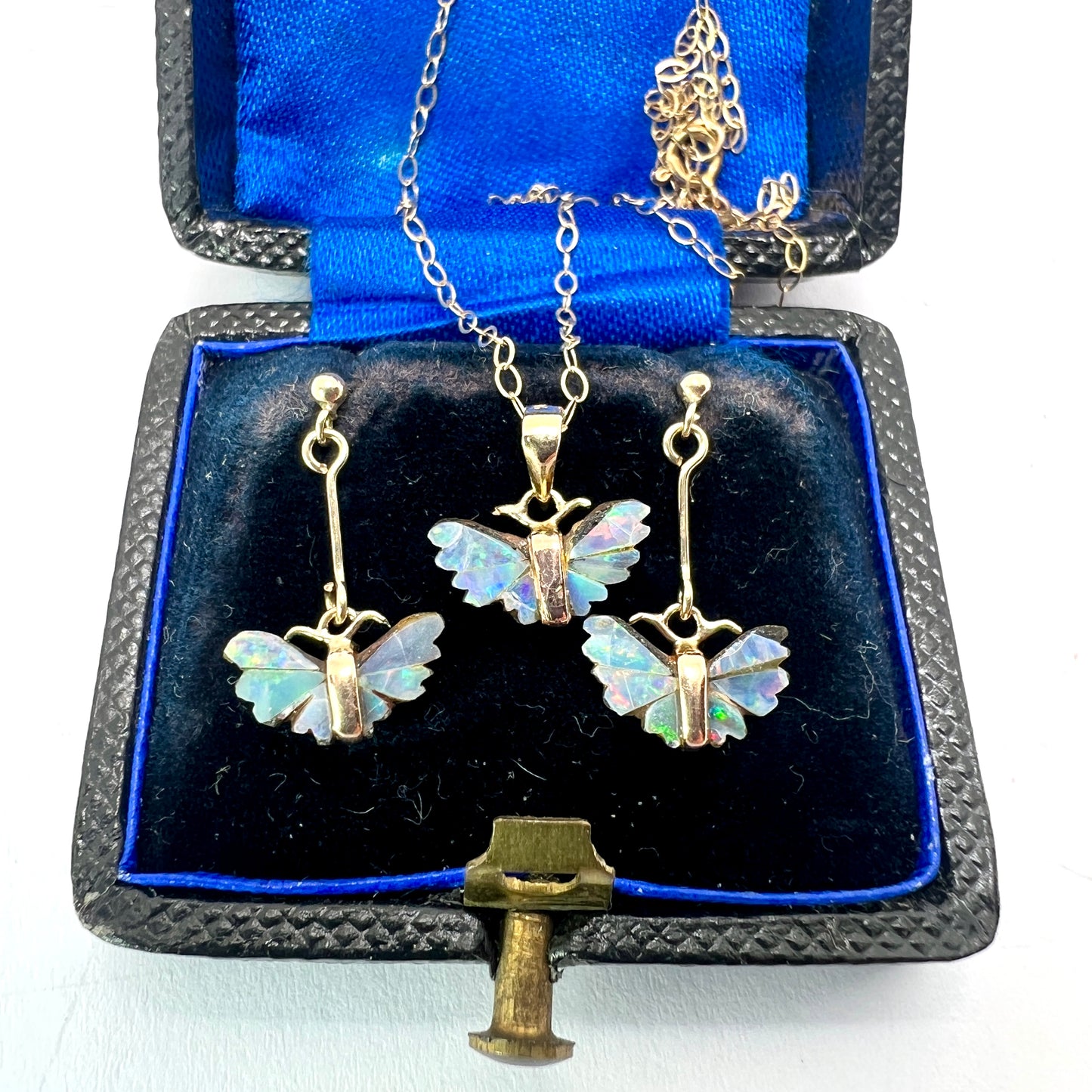 Tiny Vintage 9CT Gold Opal Dangling Butterfly Earrings and Necklace