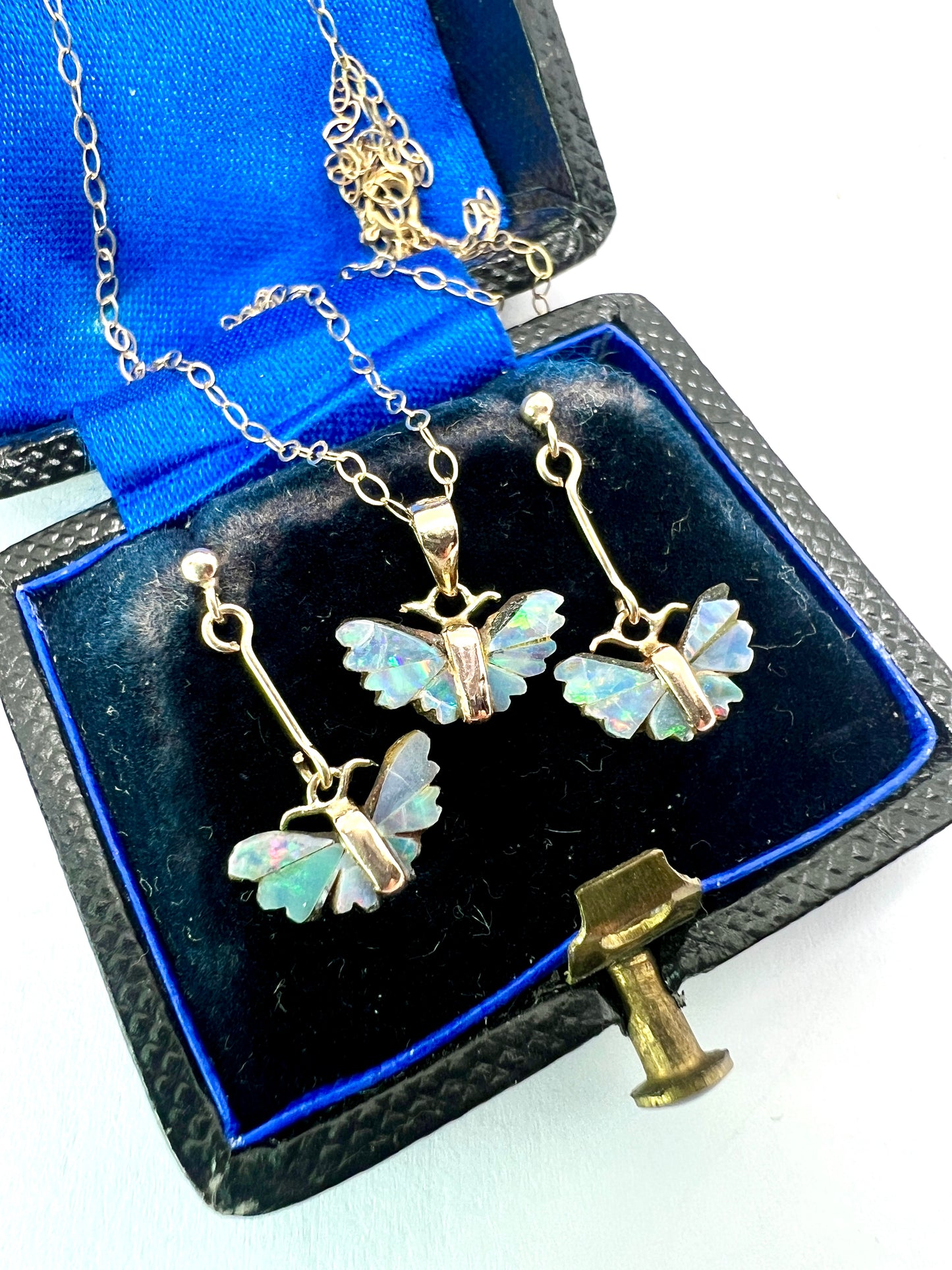 Tiny Vintage 9CT Gold Opal Dangling Butterfly Earrings and Necklace