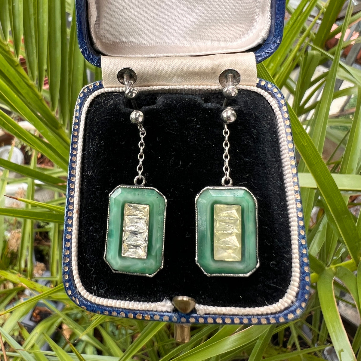 Antique Art Deco Jade Glass Silver Earrings and Ring