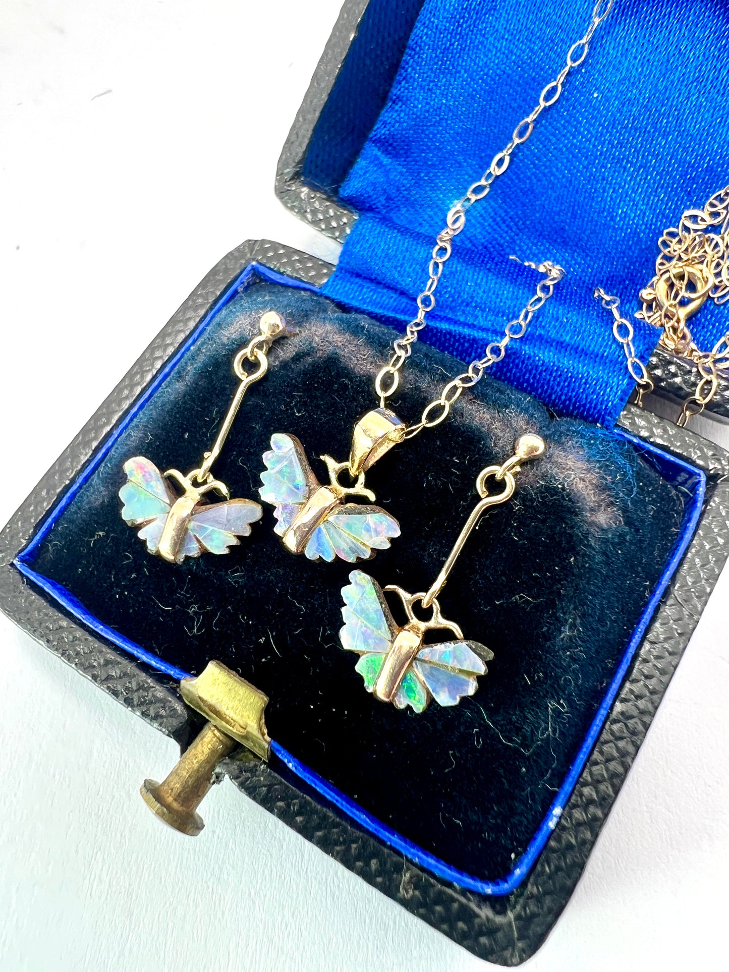 Tiny Vintage 9CT Gold Opal Dangling Butterfly Earrings and Necklace