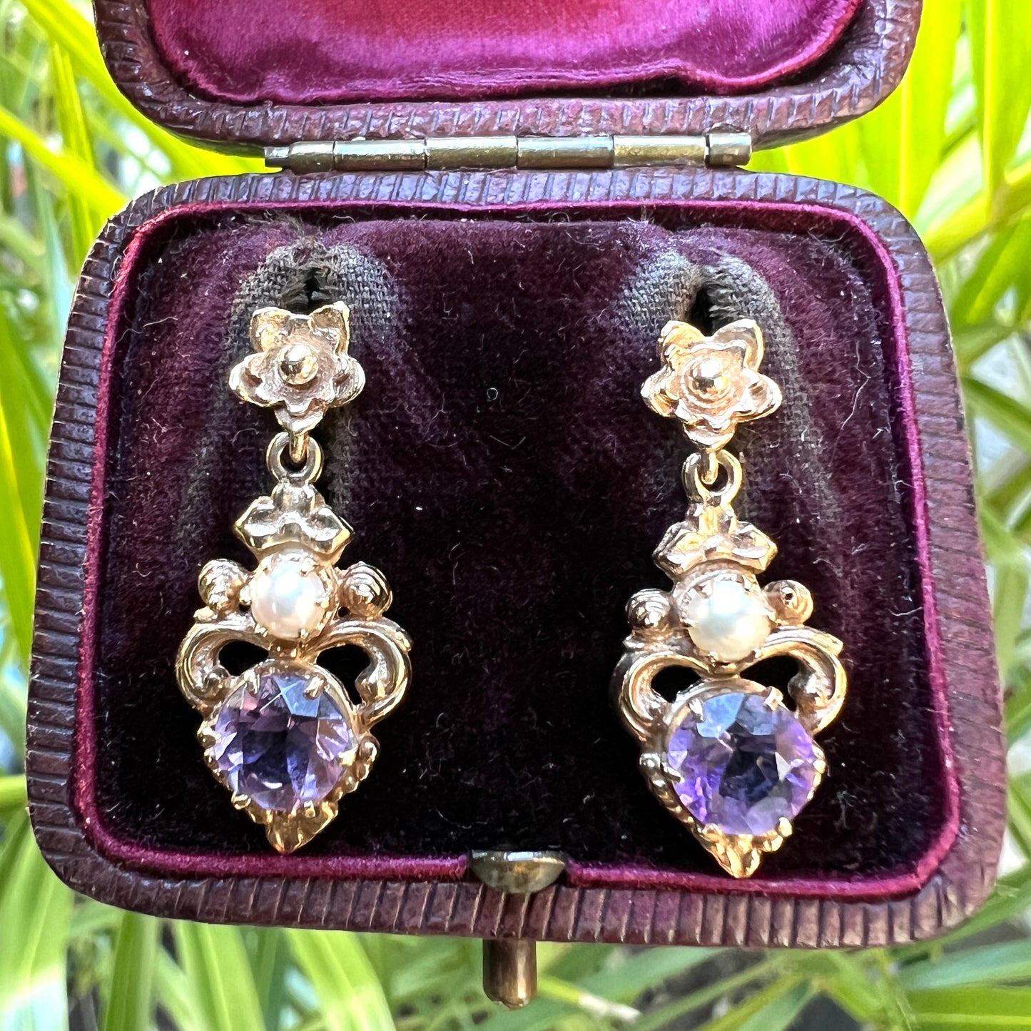 Vintage Amethyst and Pearl 9CT Gold Flower Earrings