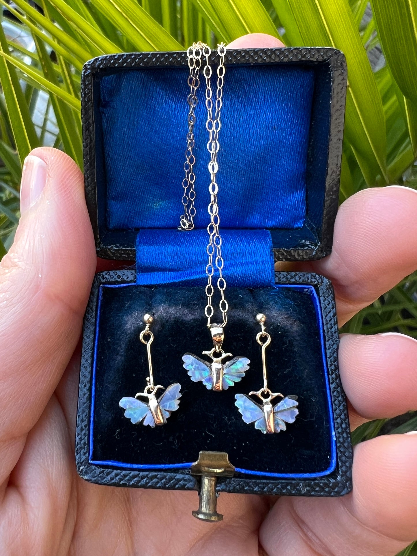 Tiny Vintage 9CT Gold Opal Dangling Butterfly Earrings and Necklace